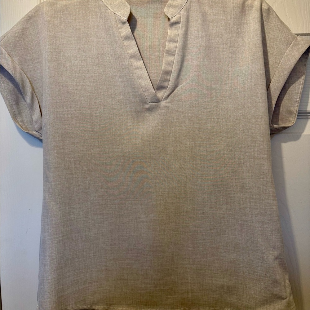 Cream Blouse with Short Sleeves and V-Neck